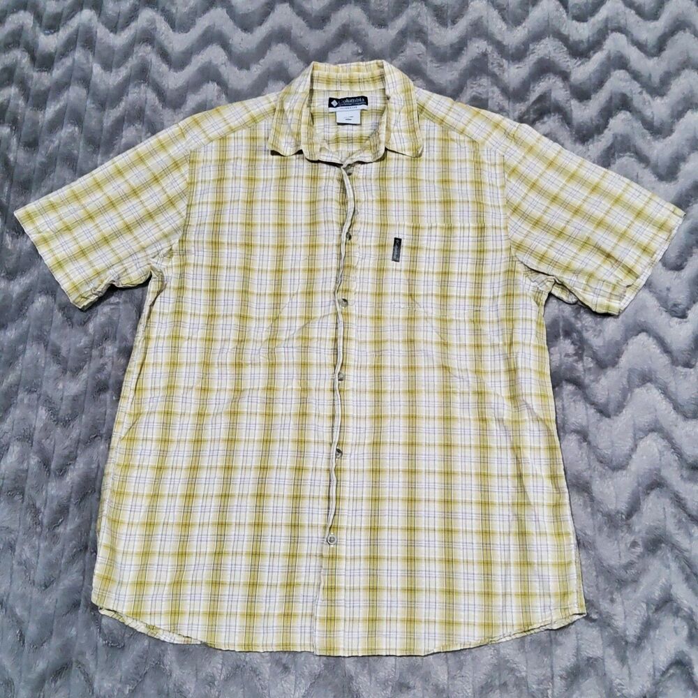 Columbia Mens Size XL Yellow White Plaid Short Sleeve Button Up Shirt